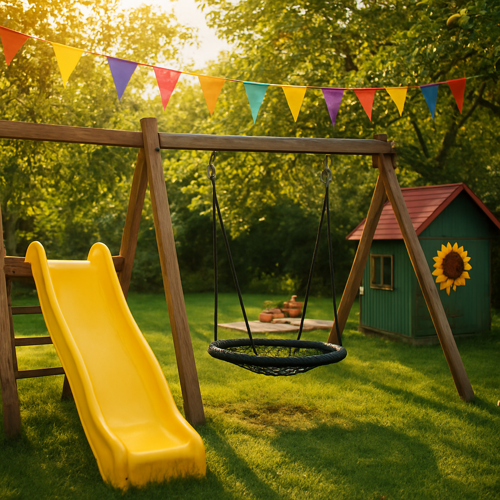 Loc de joacă în grădina Play Kids Brașov cu tobogan și leagăn