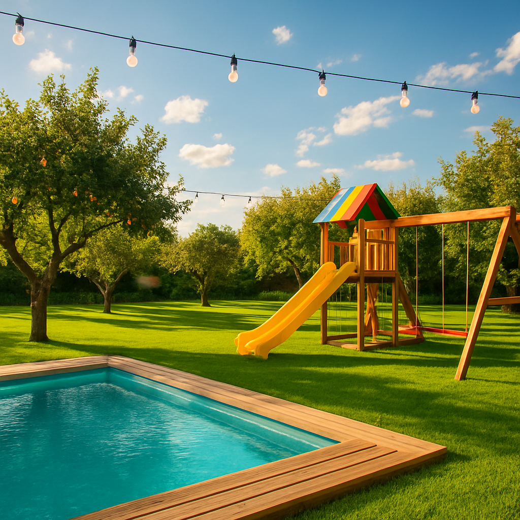 Grădina Play Kids Brașov cu piscină, loc de joacă și cer albastru
