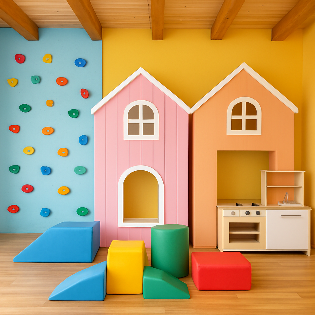 Spațiu interior Play Kids cu perete de cățărat și căsuțe colorate