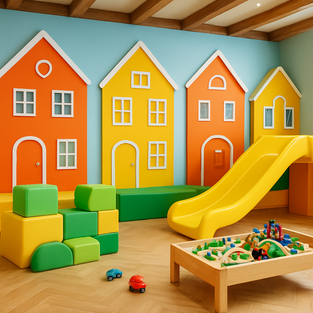 Spațiu interior Play Kids cu orășel colorat, tobogan și jucării