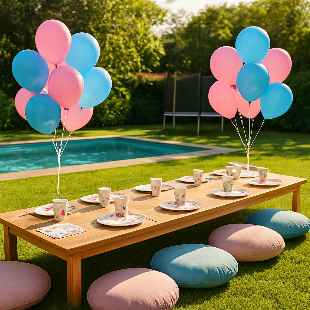 Masă aranjată pentru petrecere aniversară în grădina Play Kids cu piscina în fundal