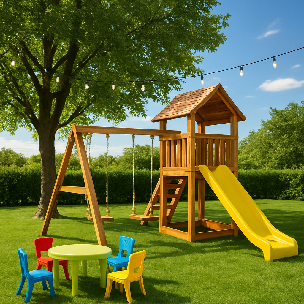 Copii la joacă pe leagăne și tobogan în grădina Play Kids